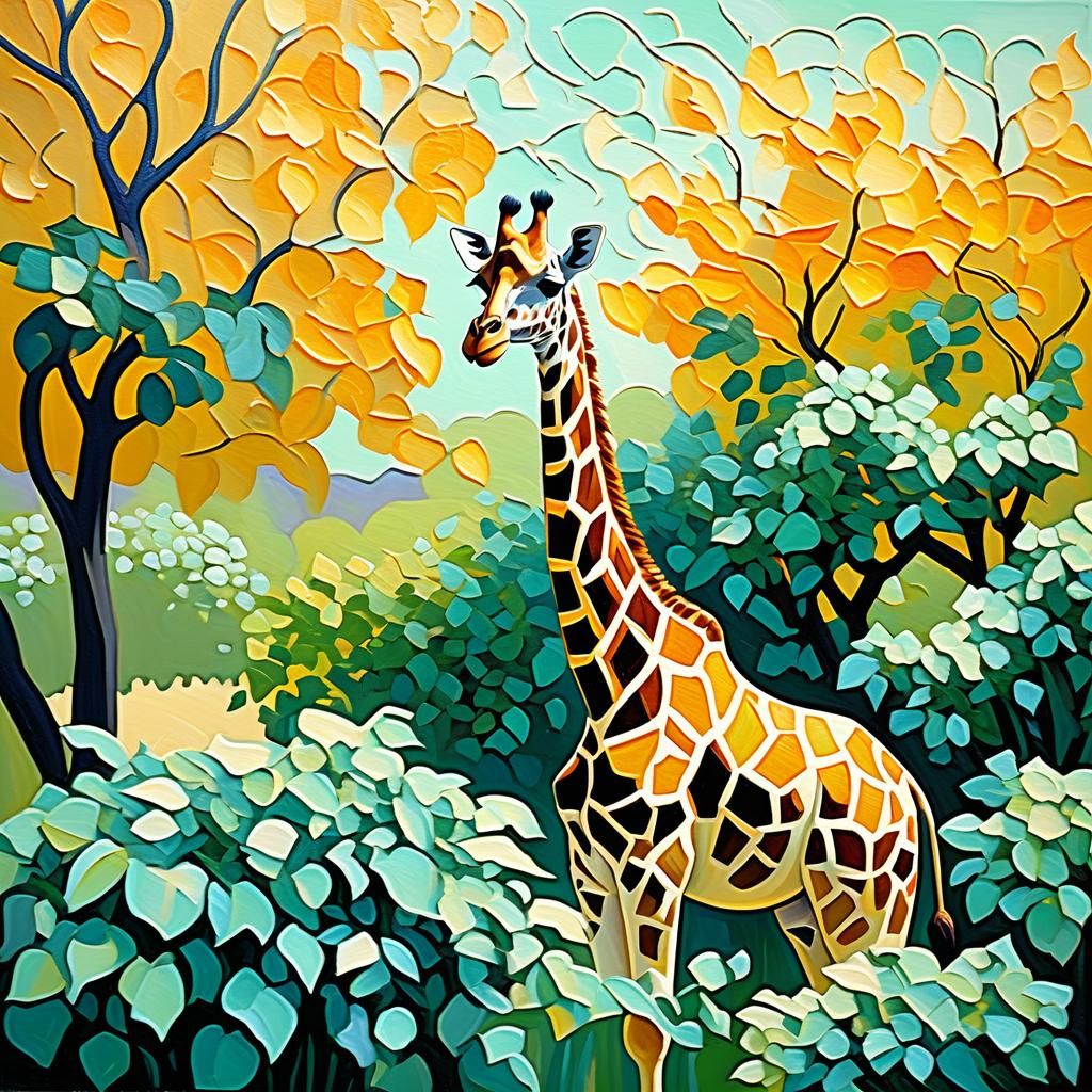 Giraffe Shrub in Expressionist Oil Painting Style