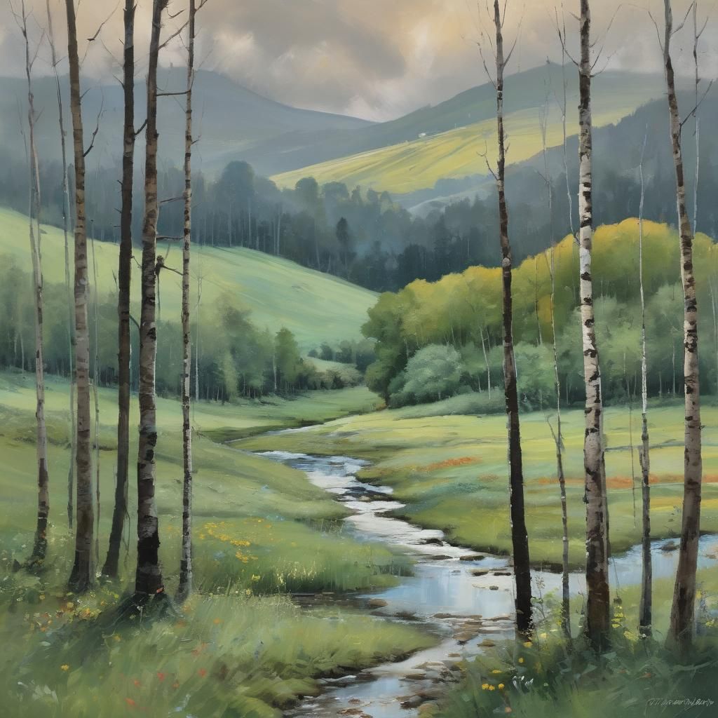 Vintage Style Distant Hills Landscape Painting