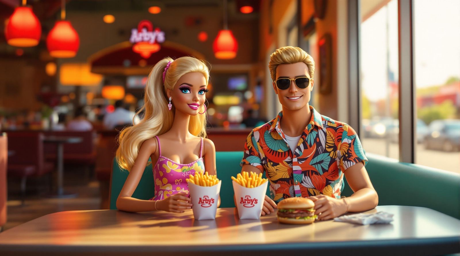 Barbie and Ken Dine at Arby's in a Colorful Restaurant Scene