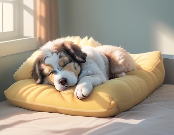 Sleeping Puppy on Luxury Dog Bed in Sunlight