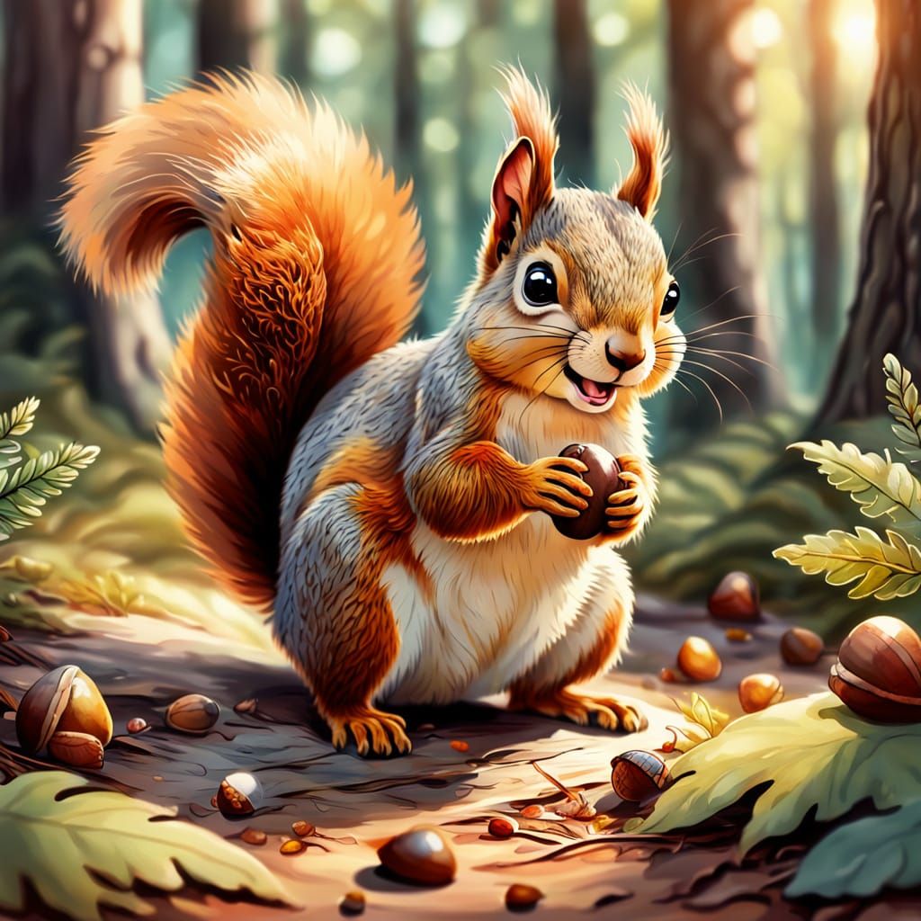 Whimsical Squirrel with Acorn in Watercolor Style