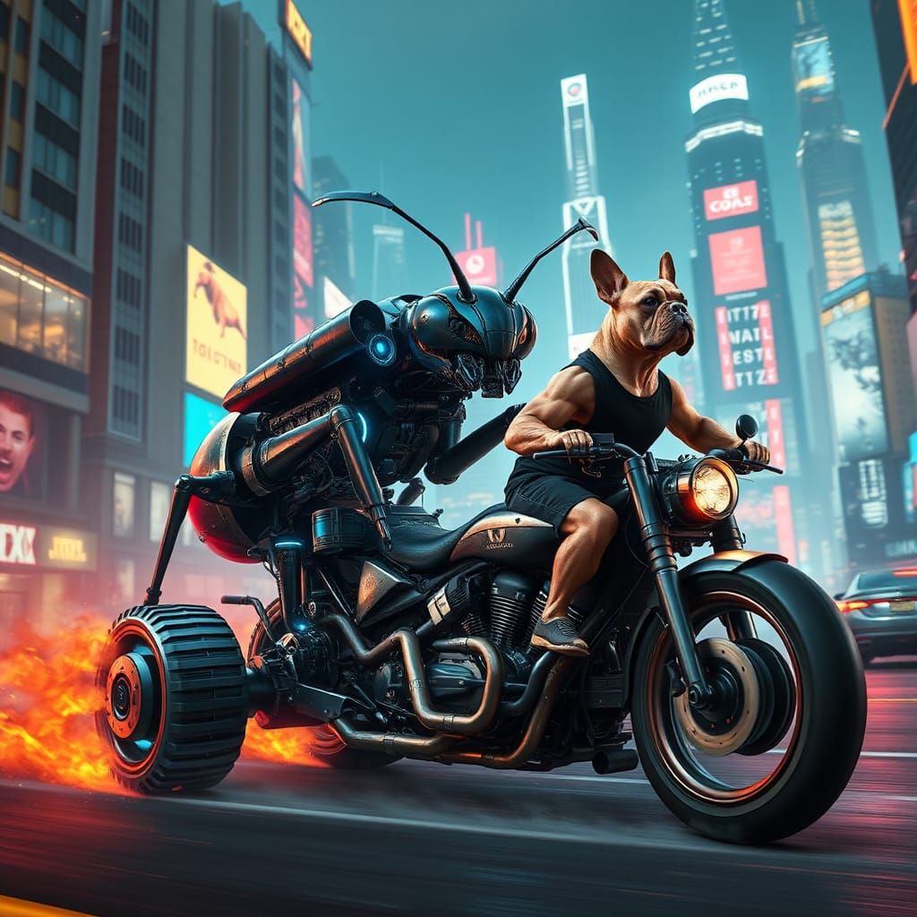Cybernetic Ant and Bodybuilder Dog in Dystopian City