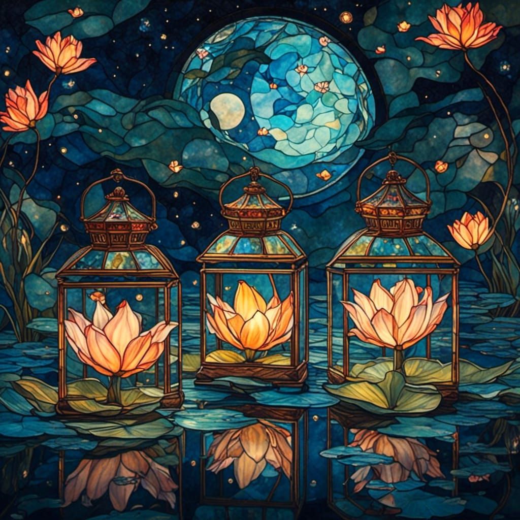 <lora:Lily Pad:1.0> stained glass lily shaped lanterns in em...