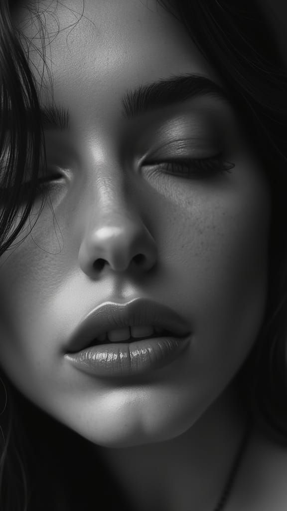 Serene Woman's Portrait in Hyperreal Black and White