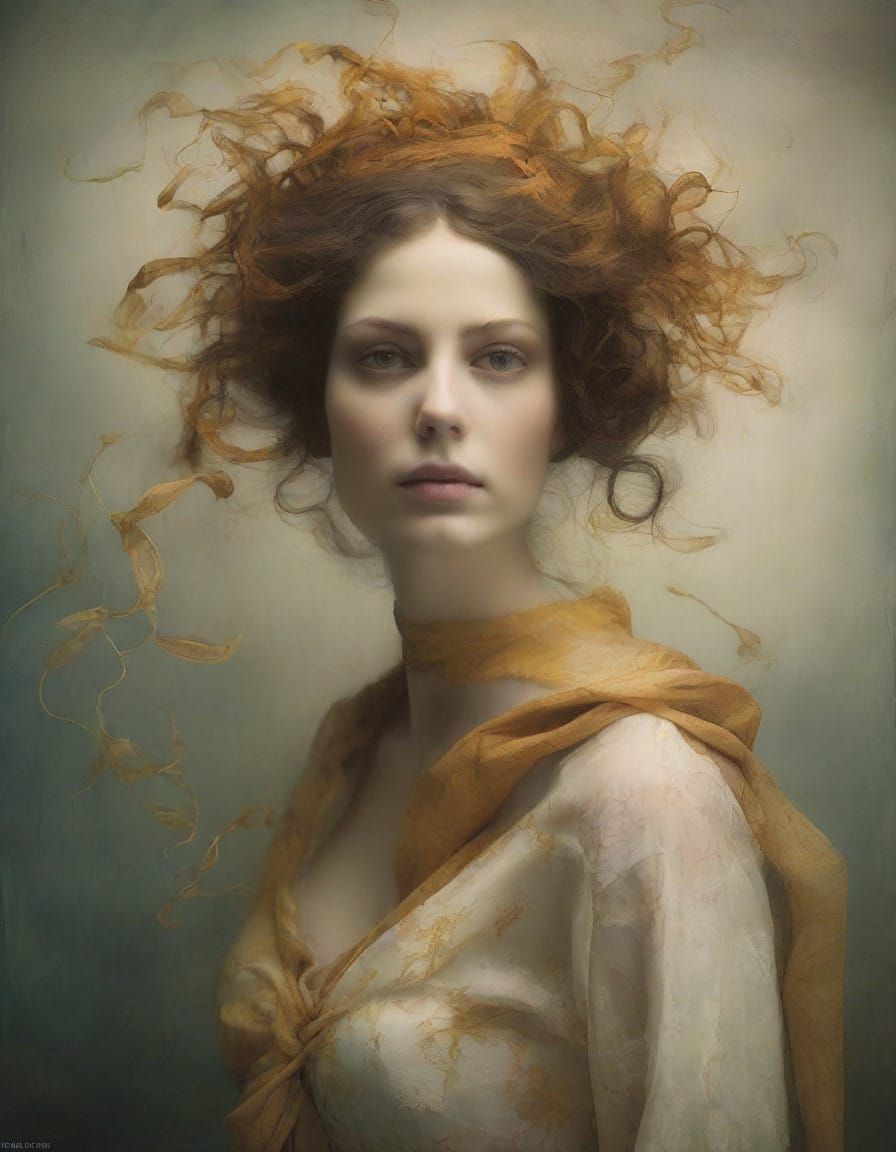 Ethereal Woman in Khokhloma Style Abstraction