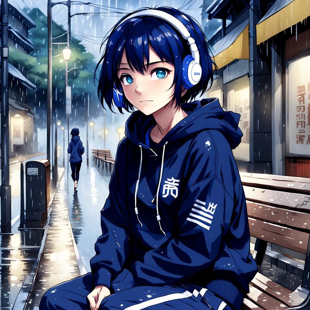 Anime Girl on Bench in Rainy Street