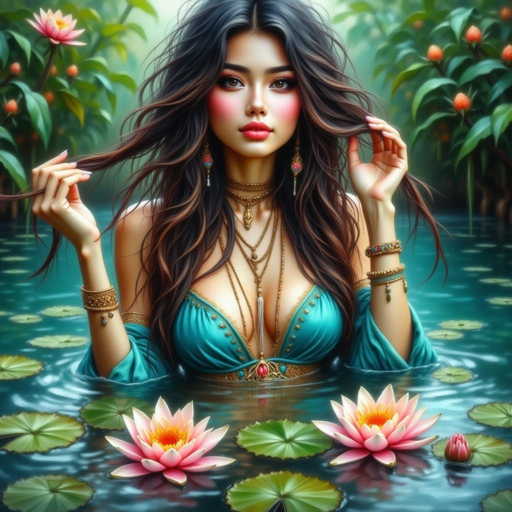 Serene Chinese Goddess in Turquoise Bikini, Submerged in Lil...