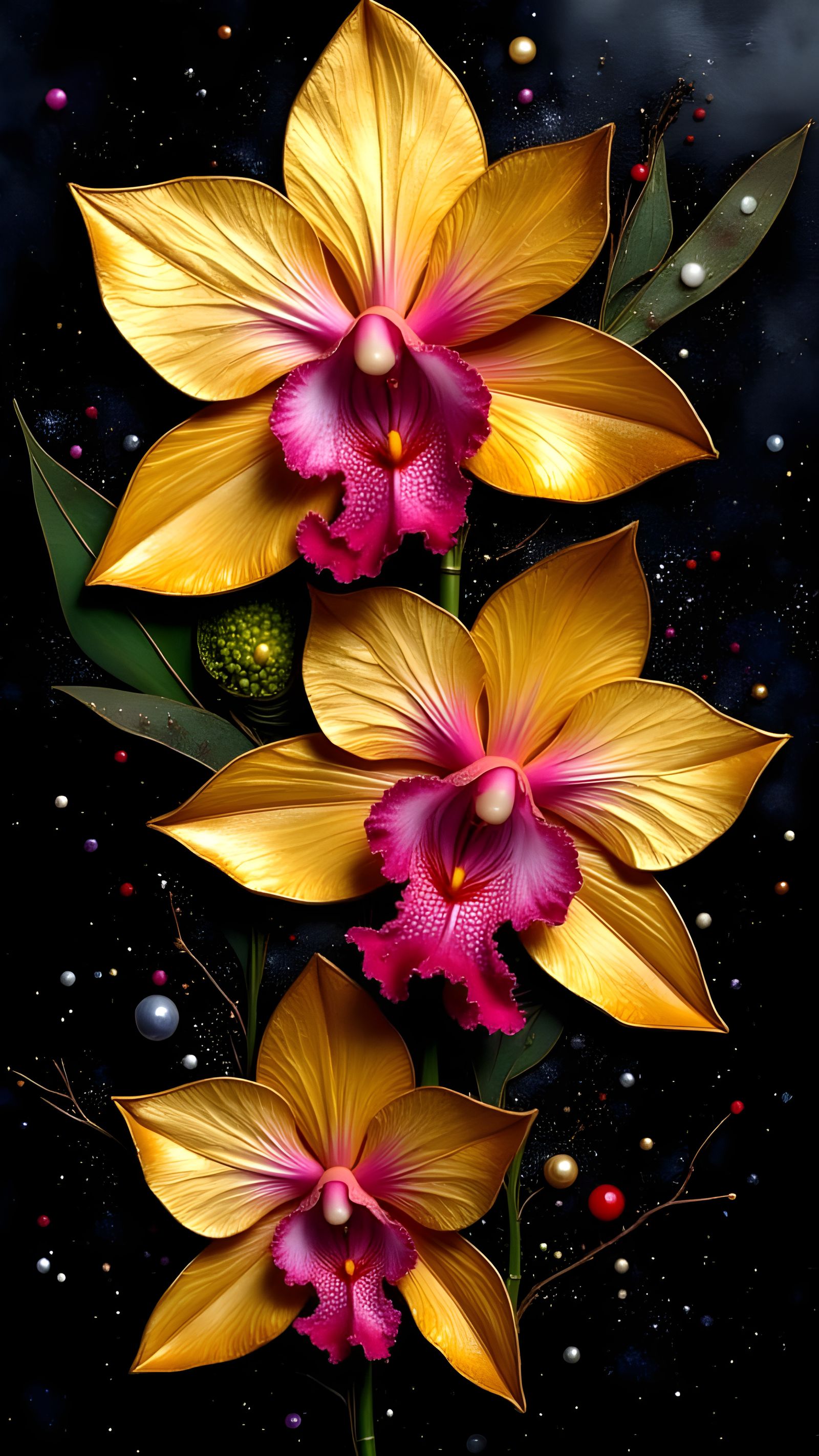 Gold Orchids with Pink Centers, Iridescent Glow