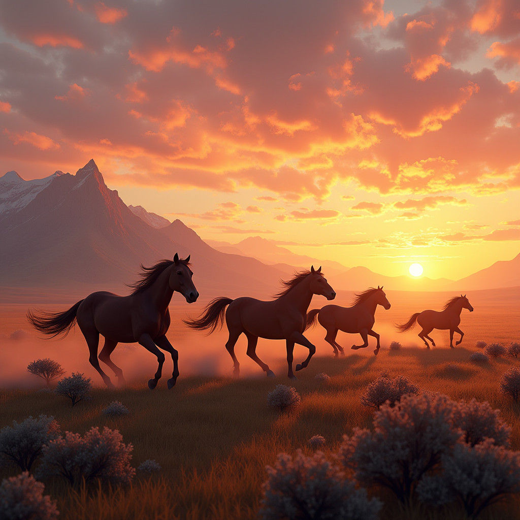 Wild Horses Gallop on Plains at Sunset