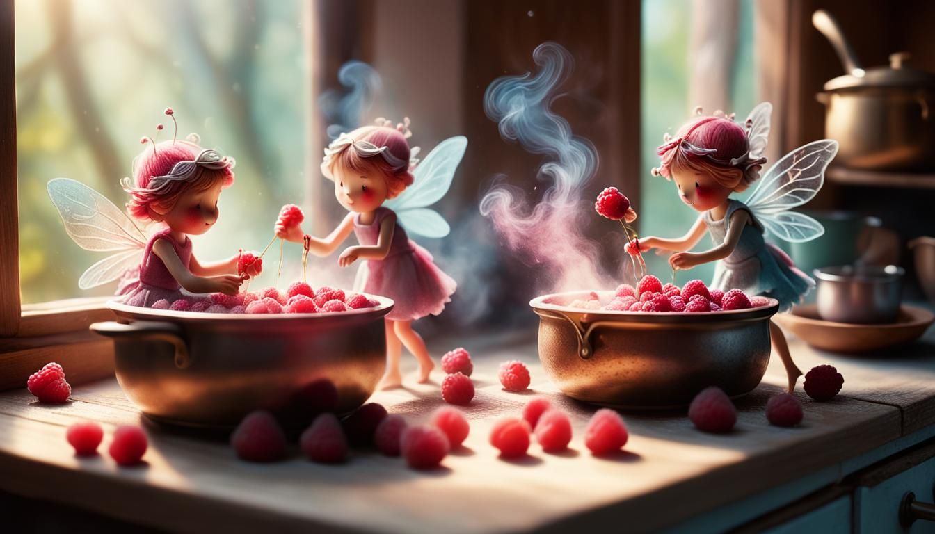 Fairies Cooking Raspberry Jam: Whimsical Digital Art