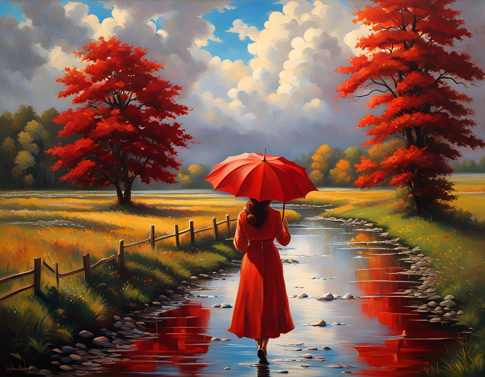Rainy Countryside Walk: Hyperrealistic Folk Art Painting