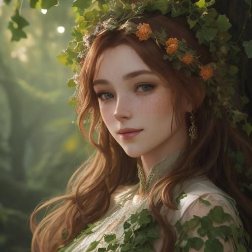 Beautiful Ginger Dryad in Stylized Watercolor Art