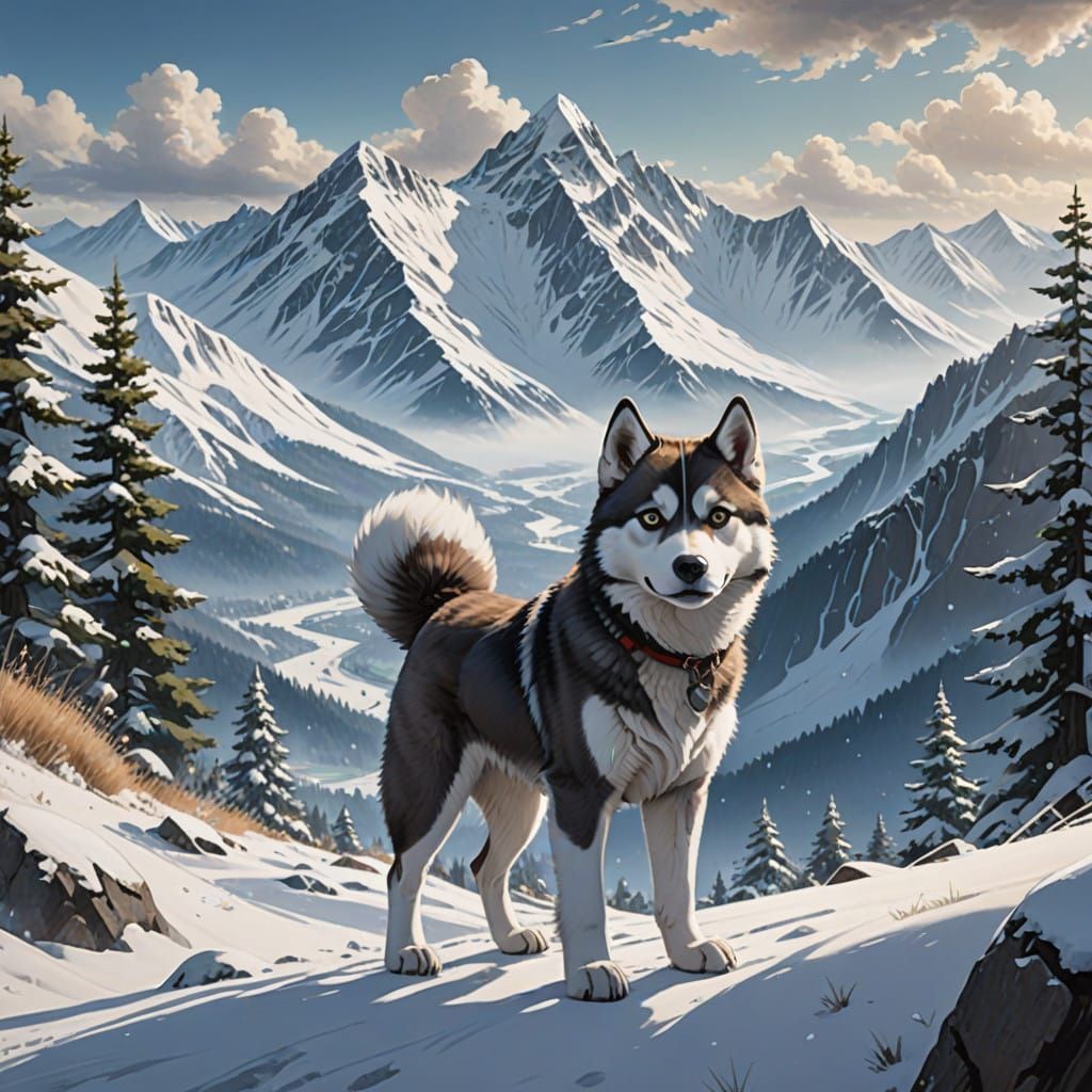 Majestic Husky Conquers Snowy Peaks in Studio Ghibli-Inspire...