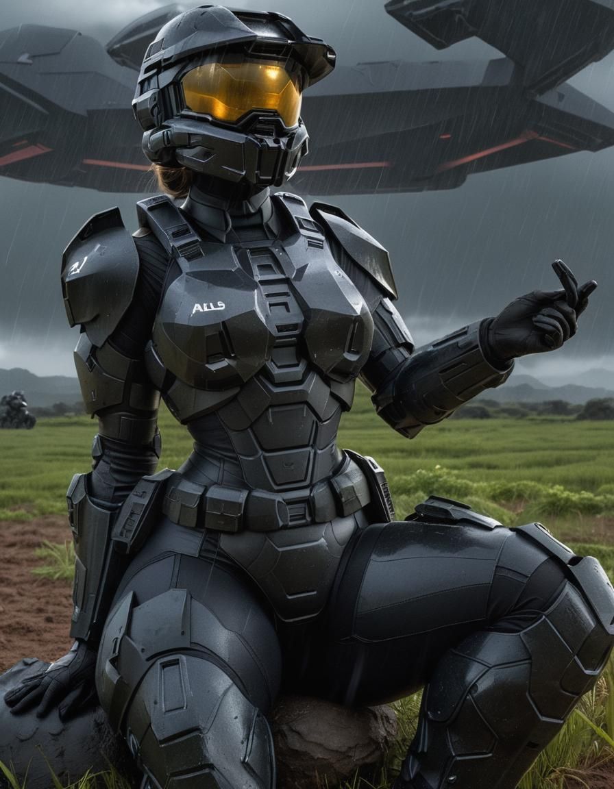 Female ODST Relaxing in Rainy Field