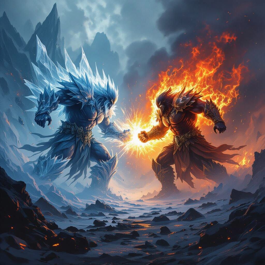 Epic Ice and Fire Battle in Volcanic Wasteland