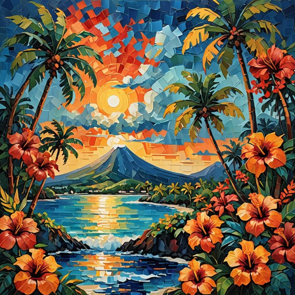Tropical Island Sunset in Abstract Expressionist Style