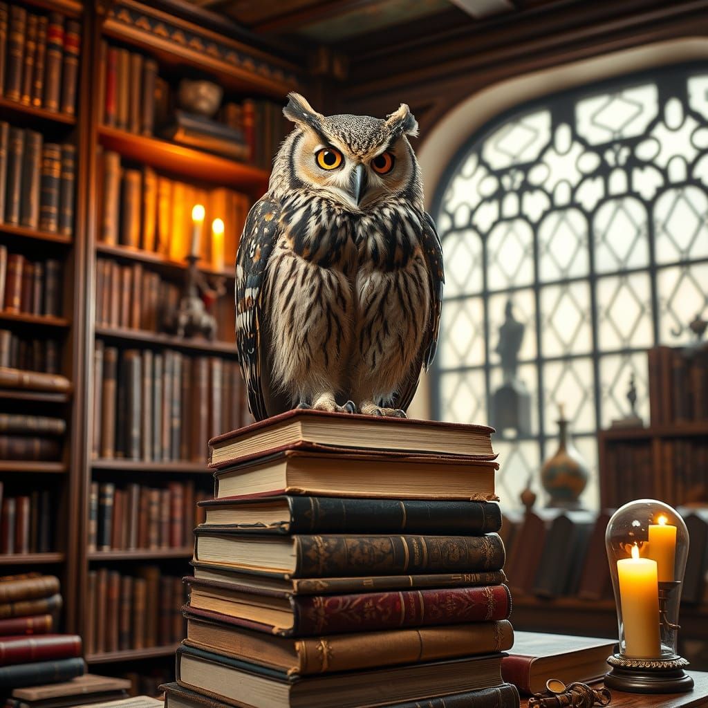 Guardian Owl in Candlelit Library, Atmospheric Photo