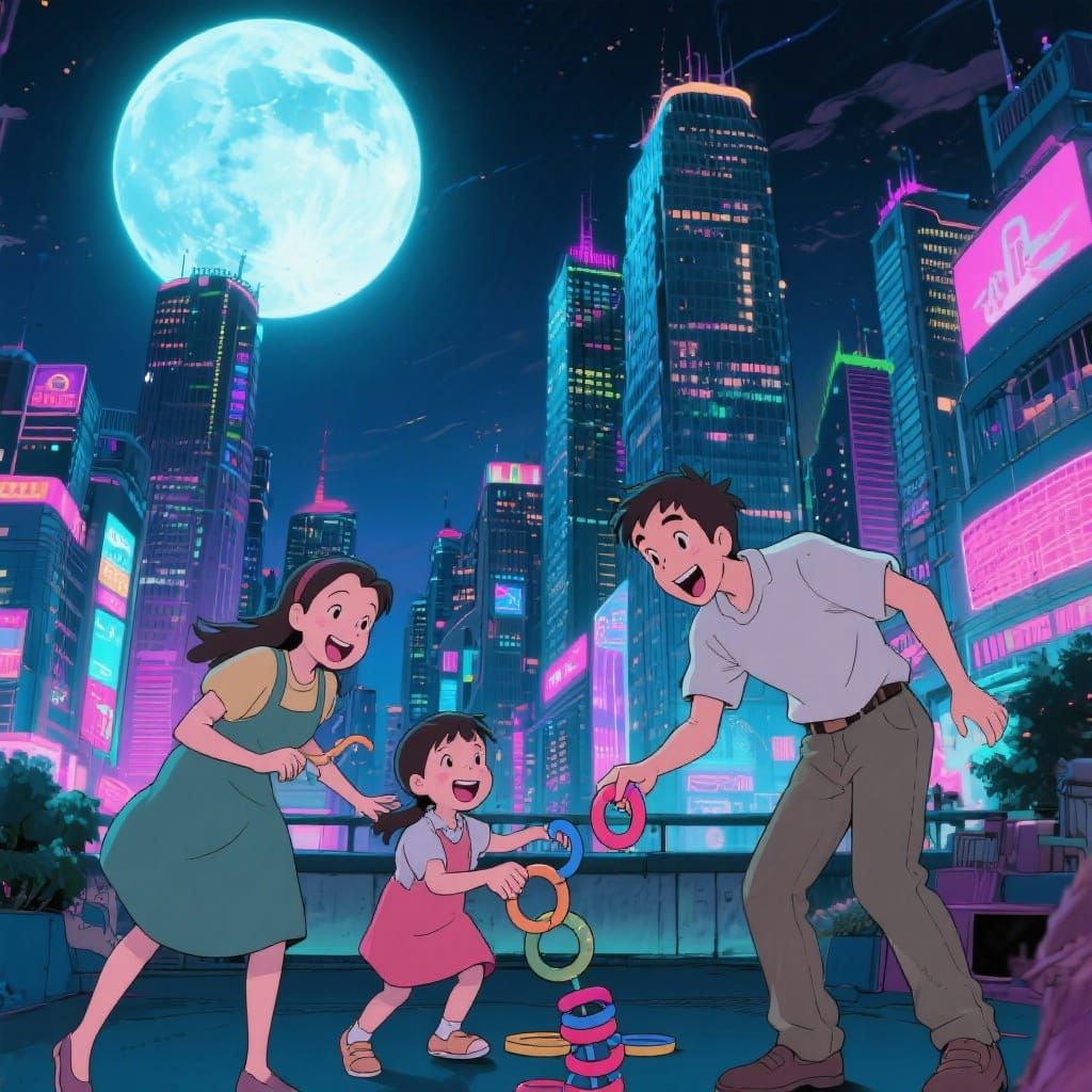 Family Ring Toss Under Giant Moon & Cityscape
