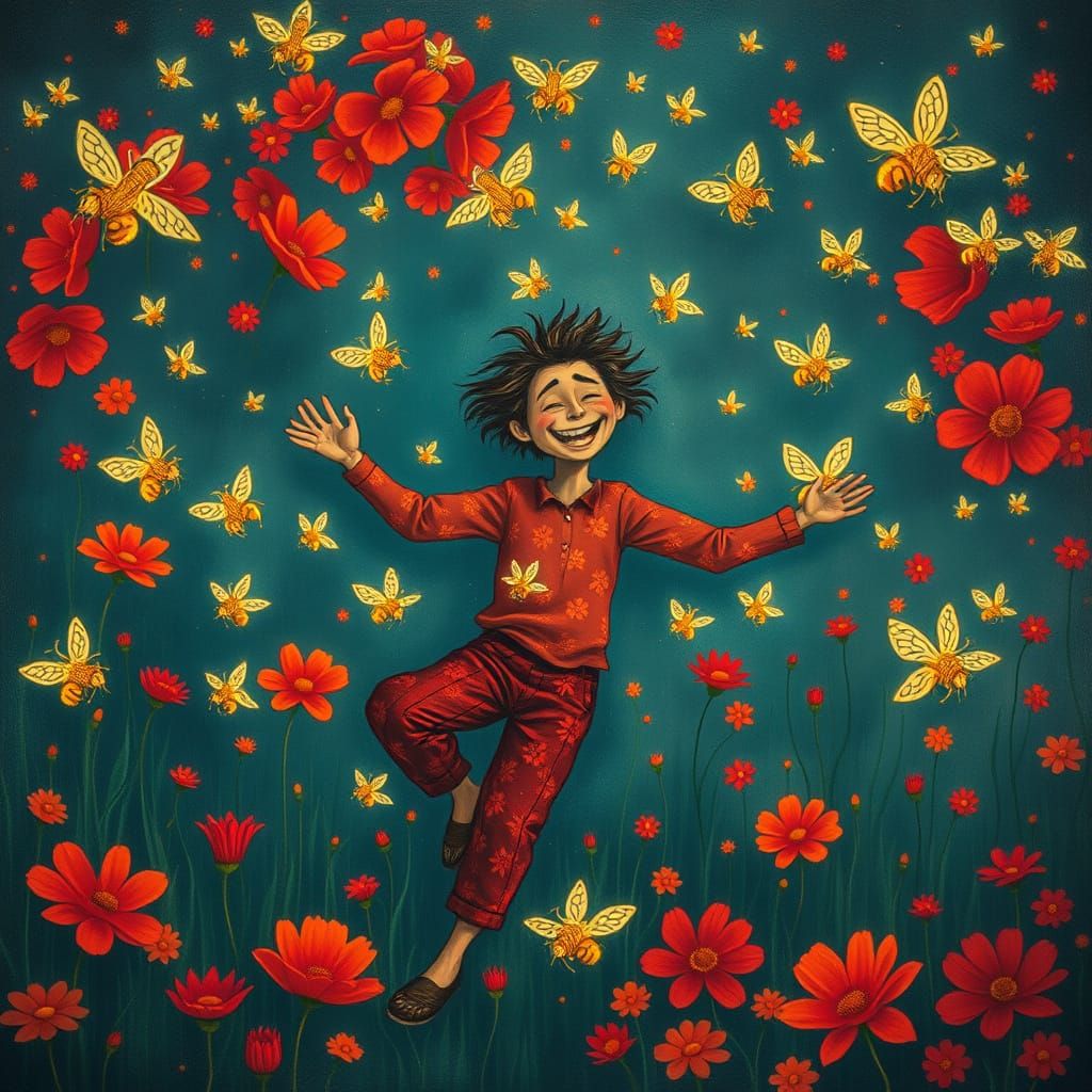 Boy surrounded by glowing bees dances through a flower meadow