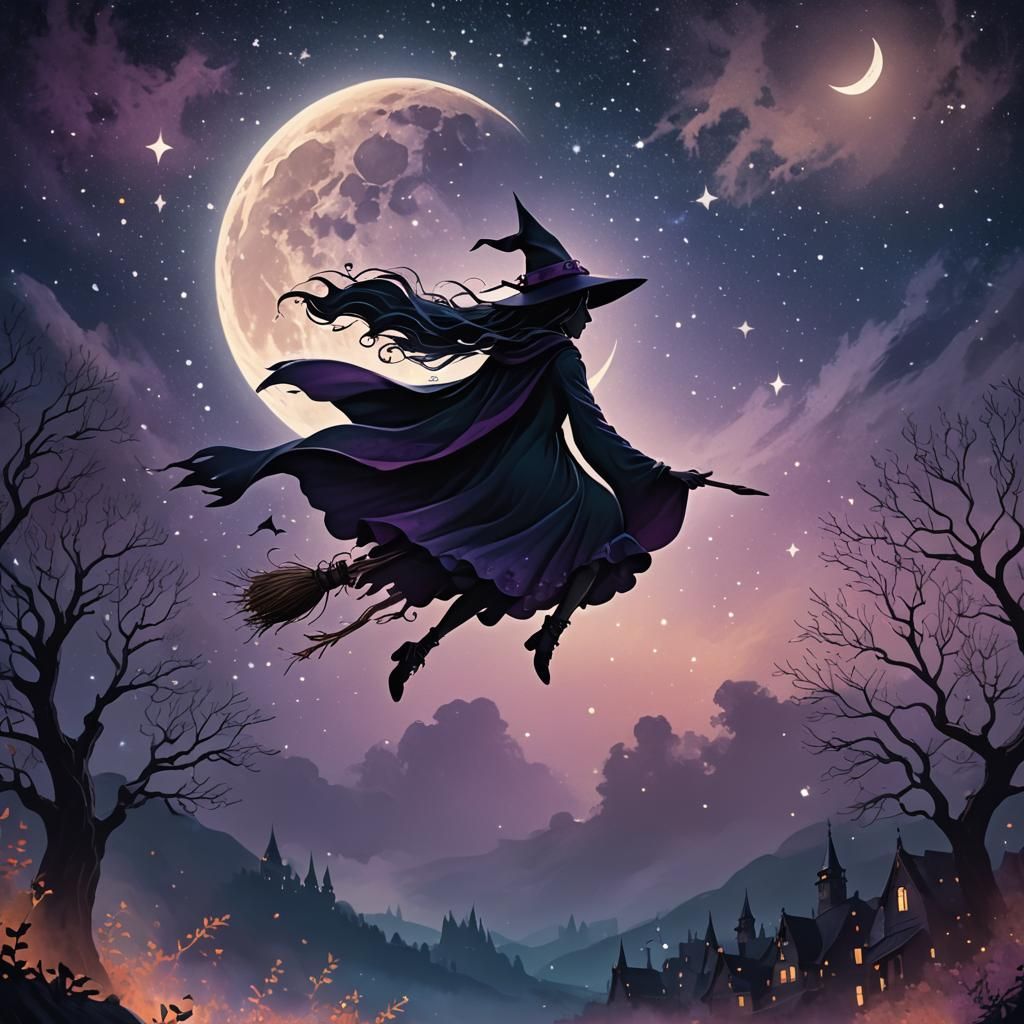 Witch Flying in Starry Night: Dark Fantasy Art