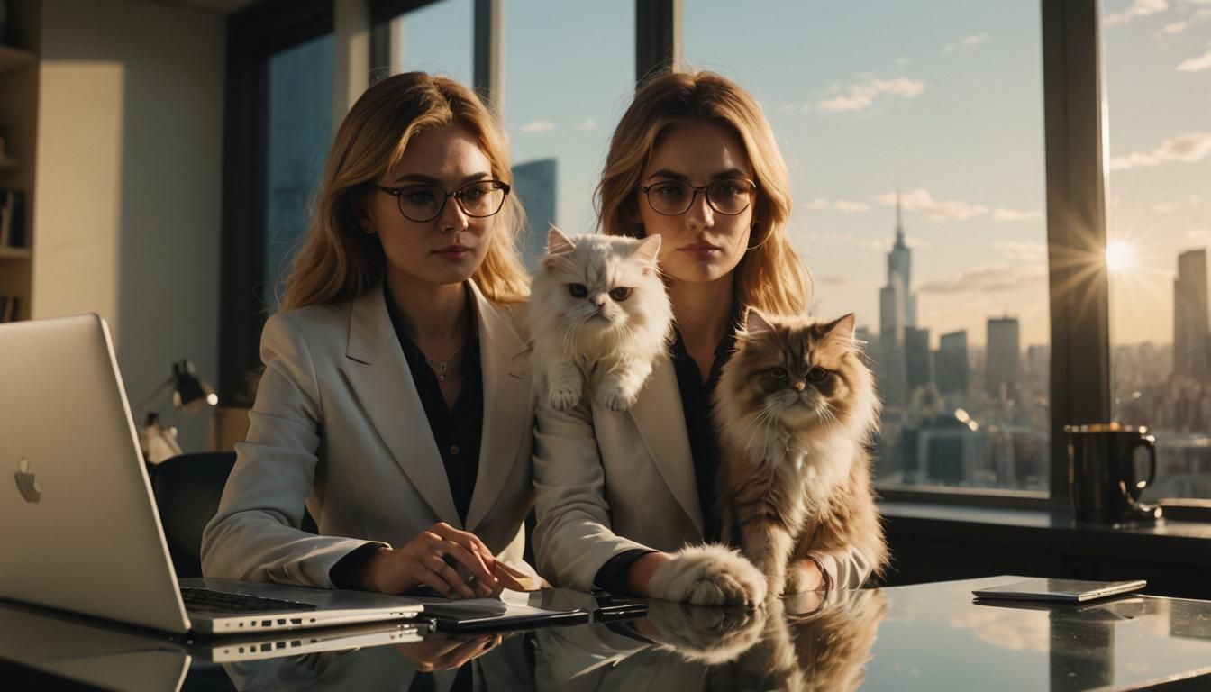 Businesswoman with Persian Cat in Cinematic Style