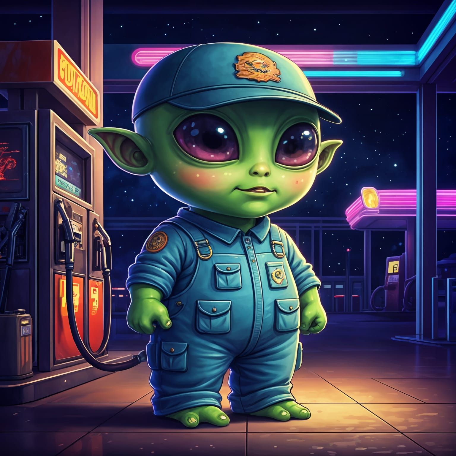 Chibi Alien at Gas Station: Cute Cartoon Art