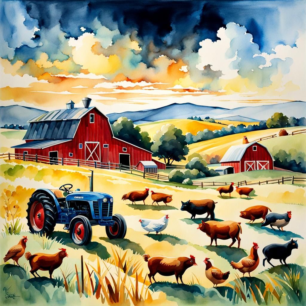 Watercolor Farm Scene with Animals and Tractor
