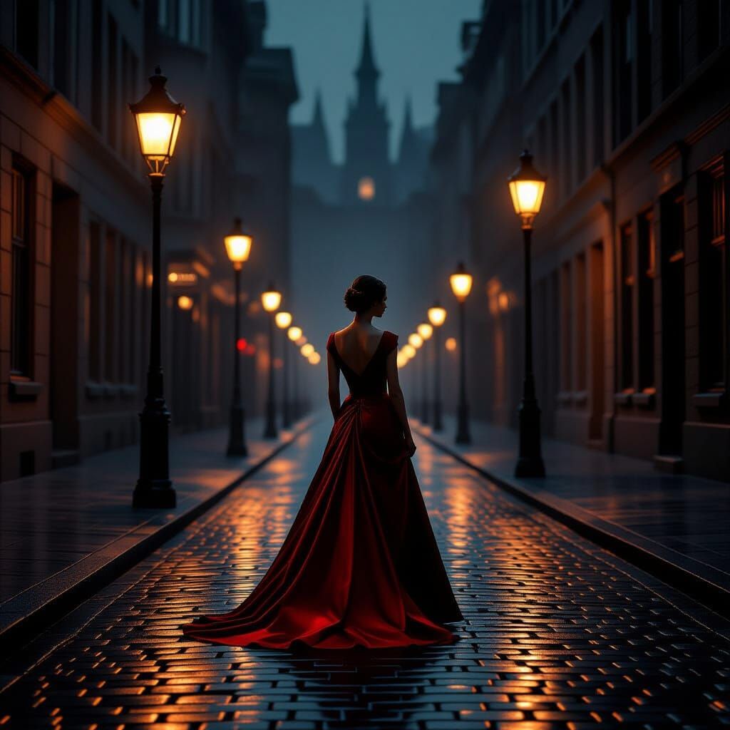 Woman in Crimson Gown on Midnight Cobblestone Street
