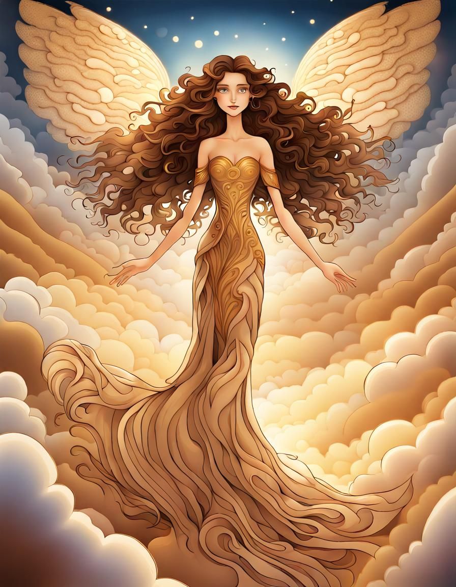 Smiling Angel with Golden Wings in Burton Style