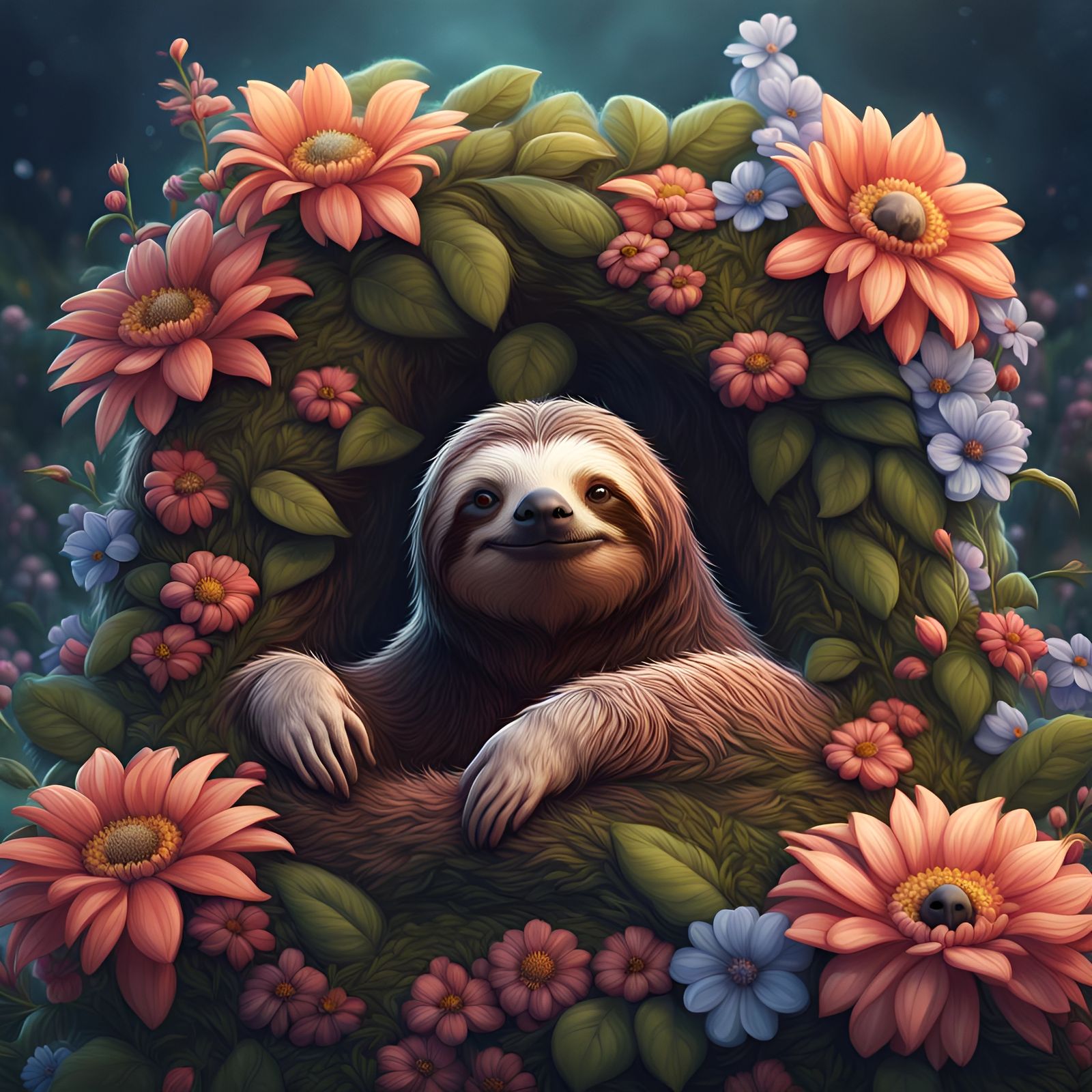 Cute Sloth in Flowers, Detailed Matte Painting