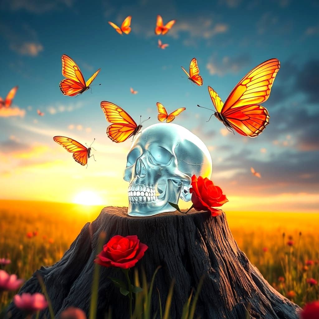 Crystal Skull with Butterflies in Hyperrealistic Digital Art