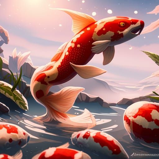 Cat Playing with Koi Fish: Hyperdetailed Concept Art