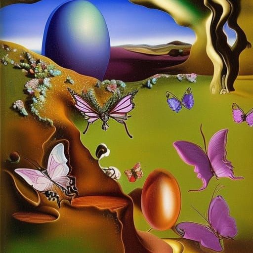 easter in a fairy landscape with elves, leprechauns, butterflys and dragonflys surrealism Salvador Dali matte background...