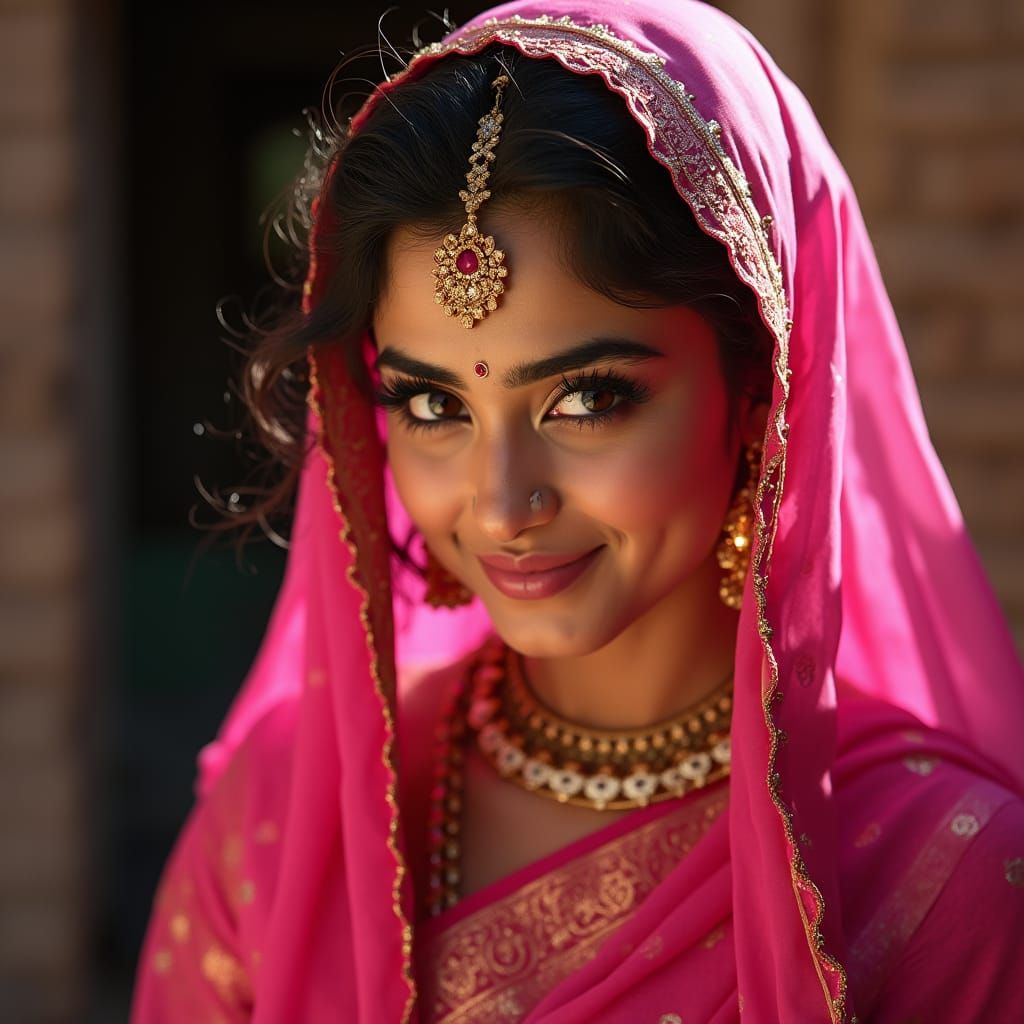 Young Woman in Pink Saree: Cinematic Portrait