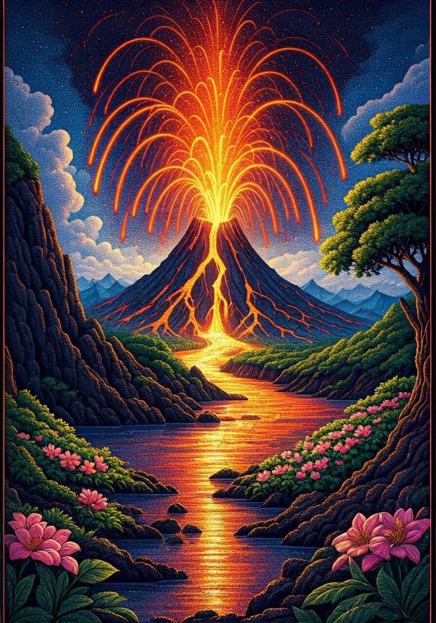 Volcanic Eruption in Pointillist Dotted Artwork