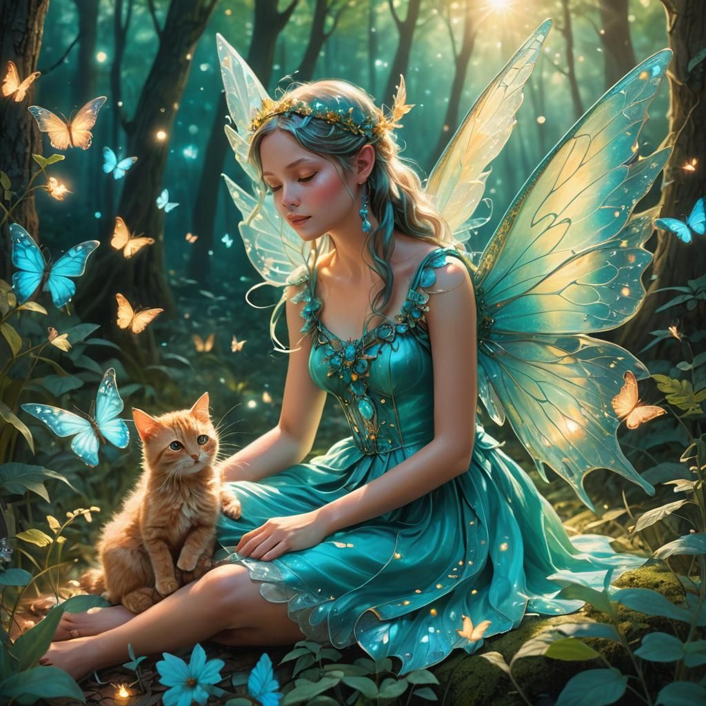 Turquoise Fairy in Magical Forest, Whimsical Illustration