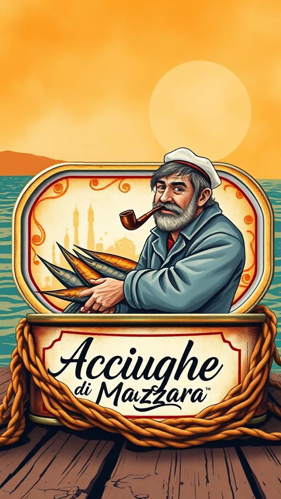 Retro Anchovy Tin Label in Art Nouveau Style