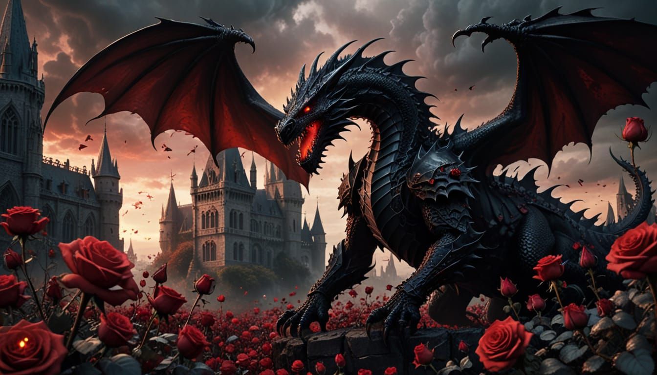 Dark Fantasy Black Dragon Amidst Swirling Rose Petals and Ca...