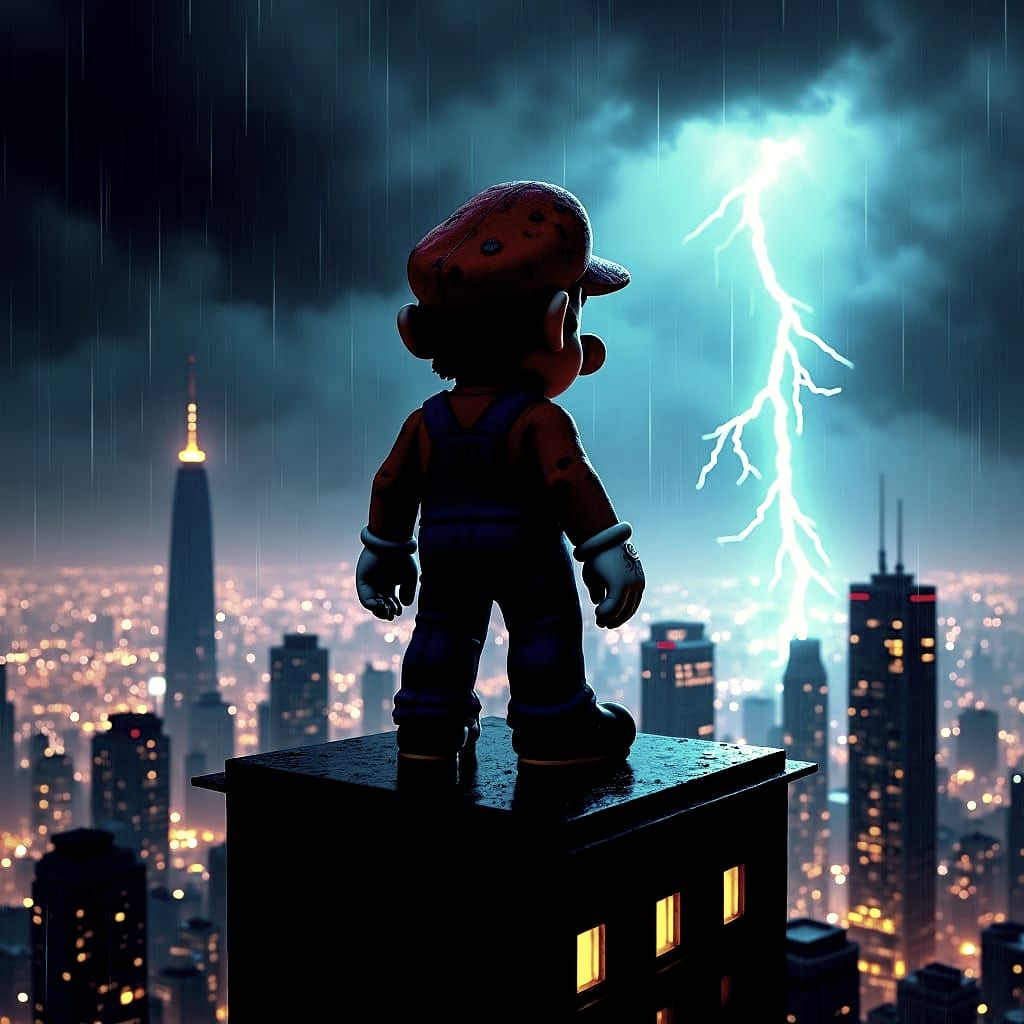 Mario in Cyberpunk Cityscape with Lightning