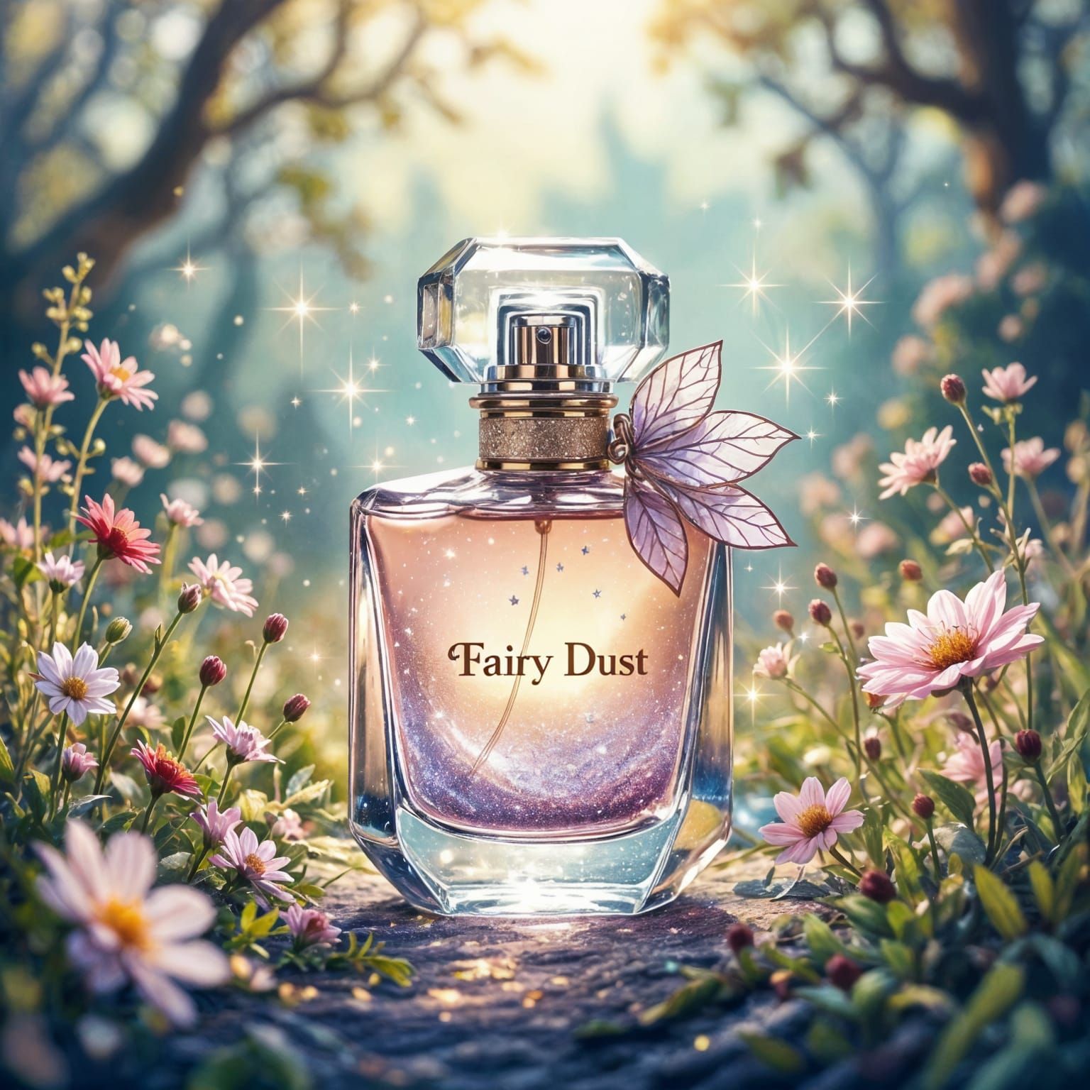Beautiful double-exposure image of a perfume bottle, with "Fairy Dust" written on it, with leaking glitter and sparkles ...