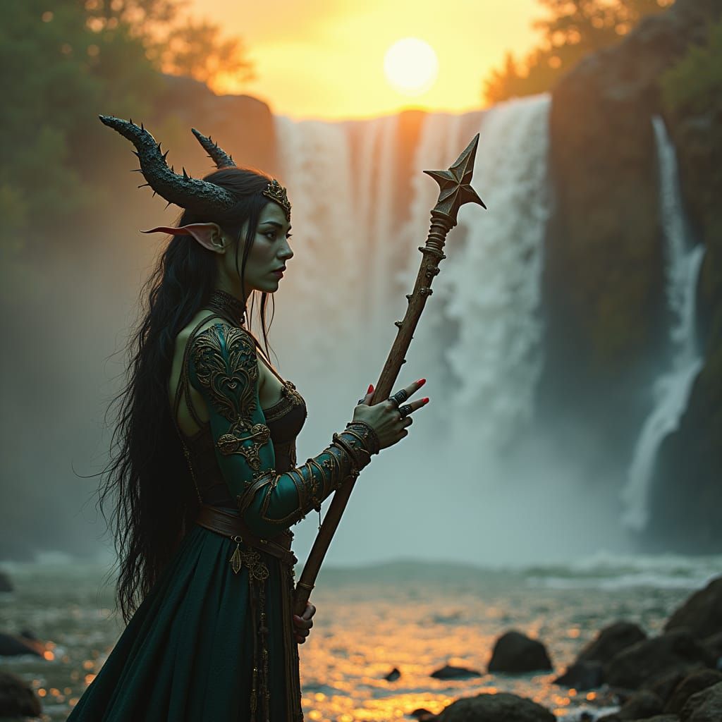Tiefling Cleric at Sunset: Dark Fantasy Illustration