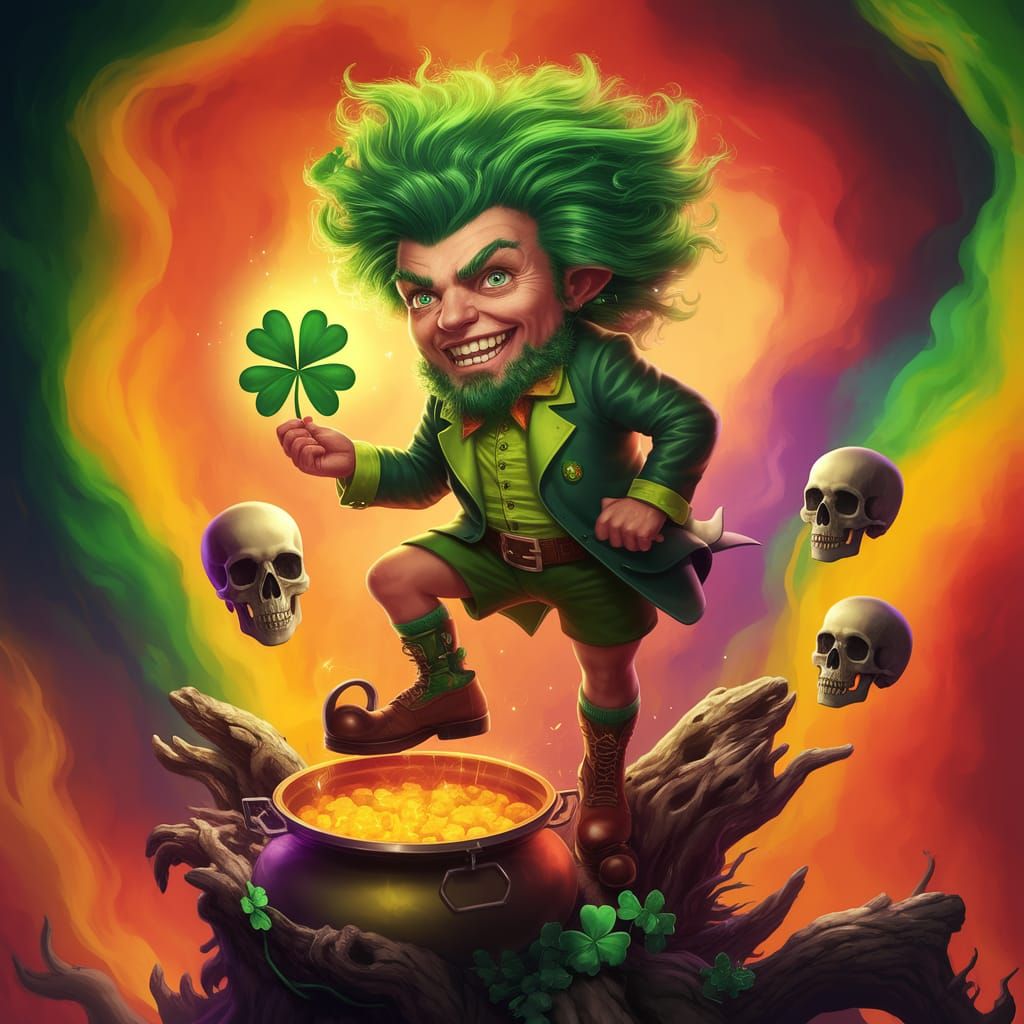 Psychedelic Leprechaun in Vibrant Emerald Surroundings