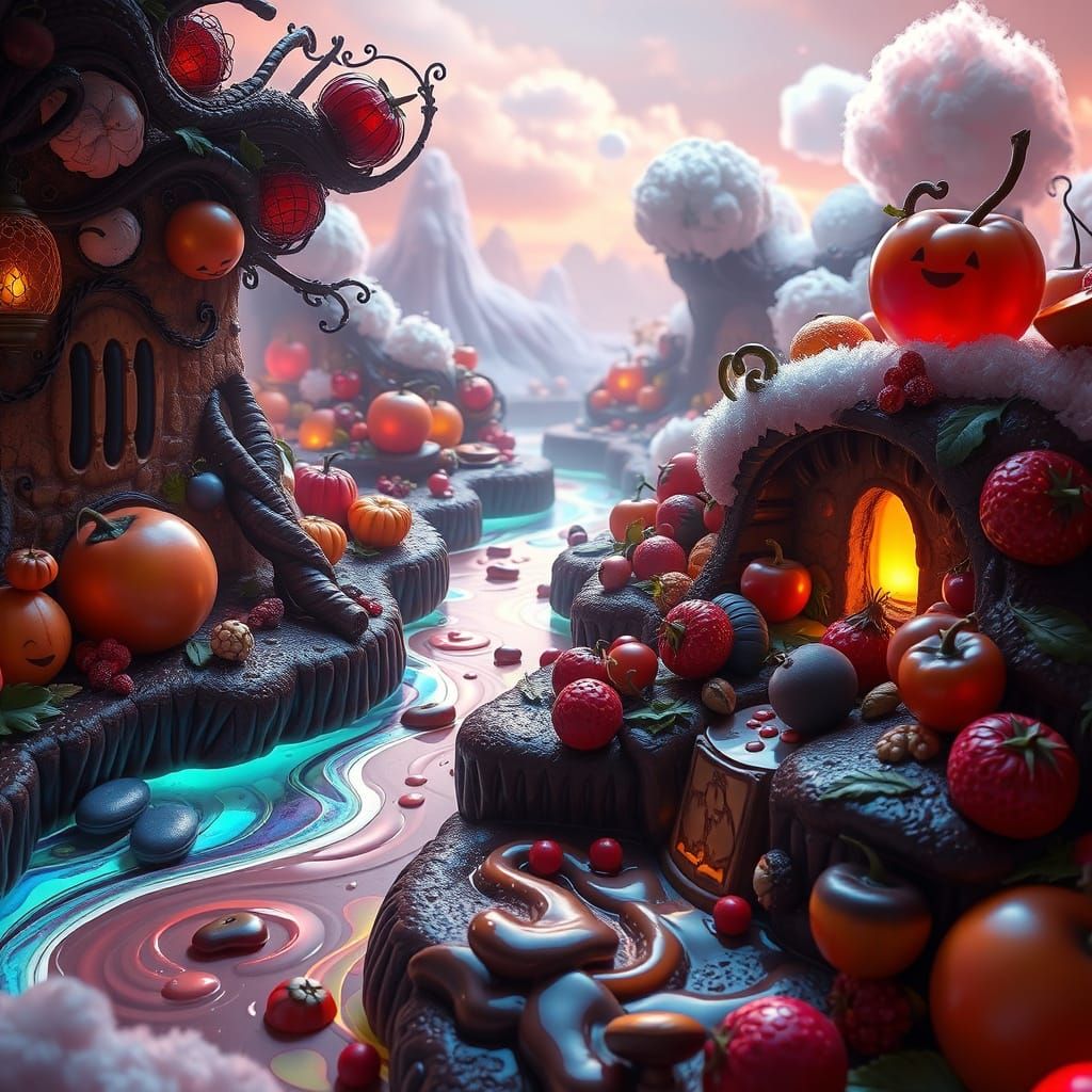 Whimsical Culinary Landscape of Glowing Fruits and Chocolate...
