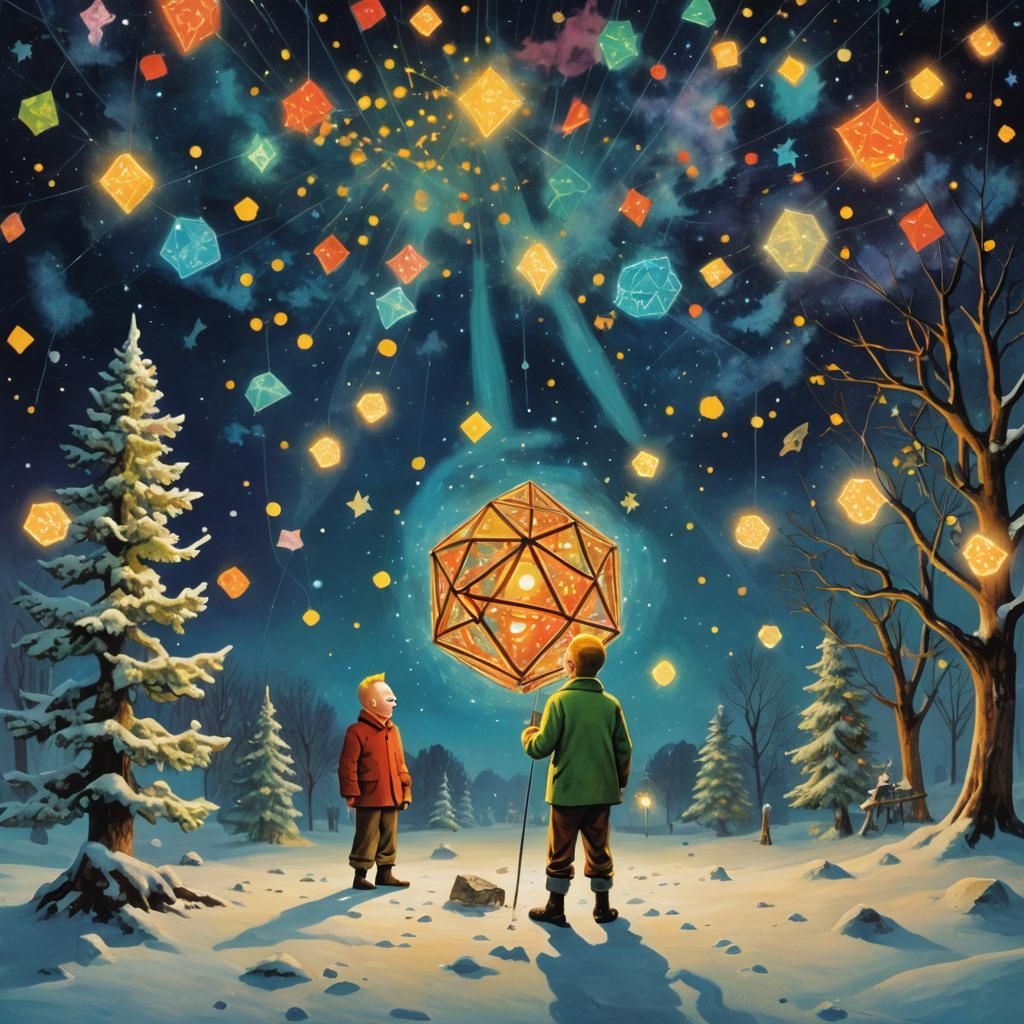 Tintin and Glowing Icosahedron in Surreal Dreamscape