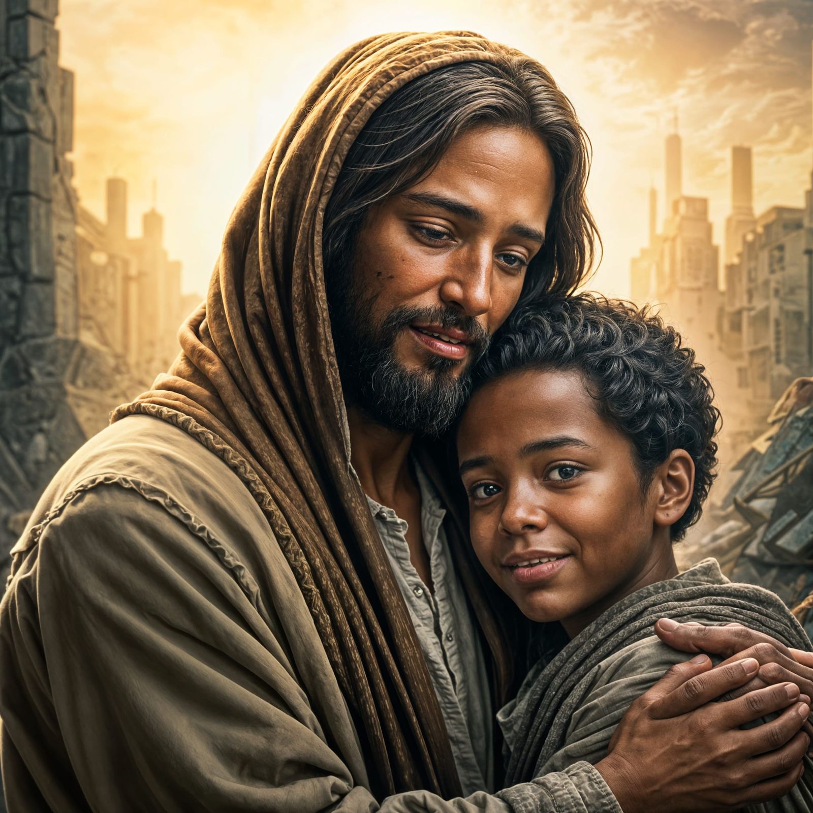 Jesus Comforting Child Amidst War