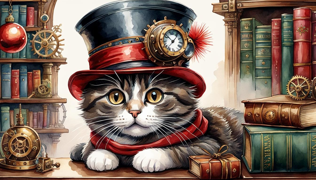 Festive Steampunk Cat in Christmas Library Watercolor