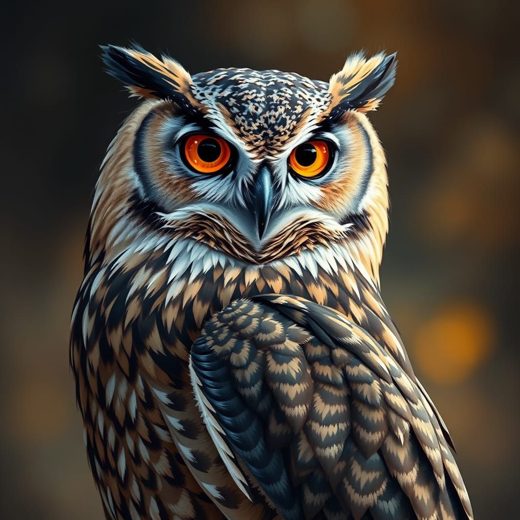 A breathtaking impasto oil painting of a majestic owl with intense brown-orange eyes, radiating wisdom and power. Thick,...