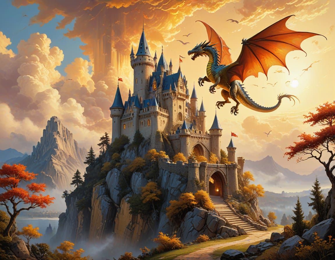 Fantasy Castle and Dragon in Vibrant Oil Painting Style