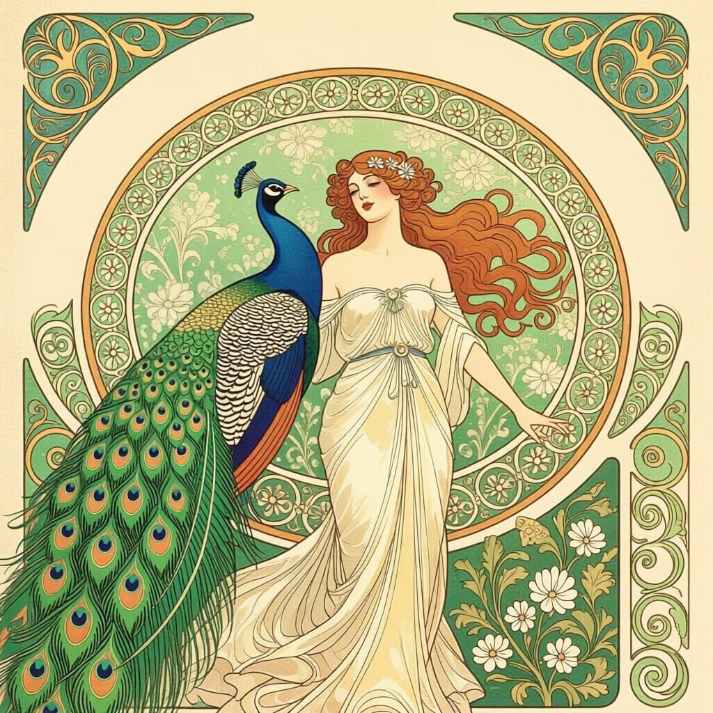 Art Nouveau Garden: Peacocks and Woman in Jewel Tones