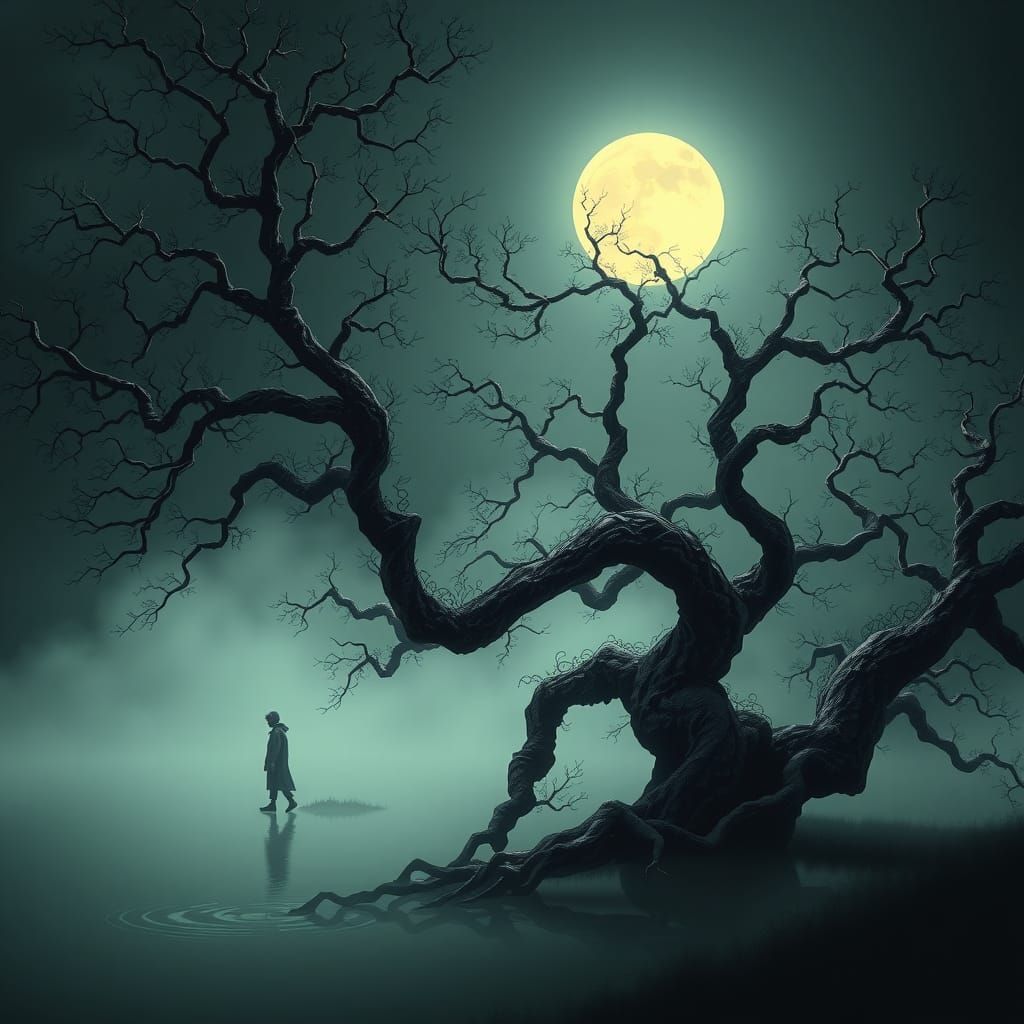 Moonlit Figure by Lake with Surreal Trees
